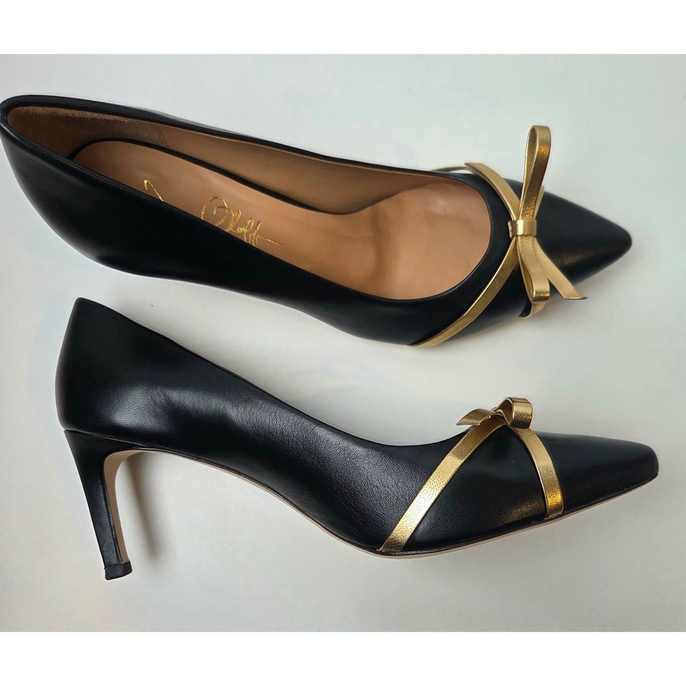 Joan Oloff Divine Black Mestico Luxury Leather Pointed Toe Heels Gold Bow SZ 9.5